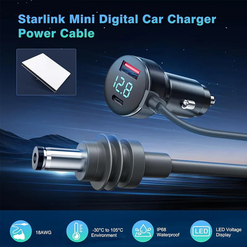 3-in-1 Digital Display Car Charger For Starlink Mini with PDc65W Fast Charge Car Cigarette DC (12V-24V) Car Power Cable 18AWG