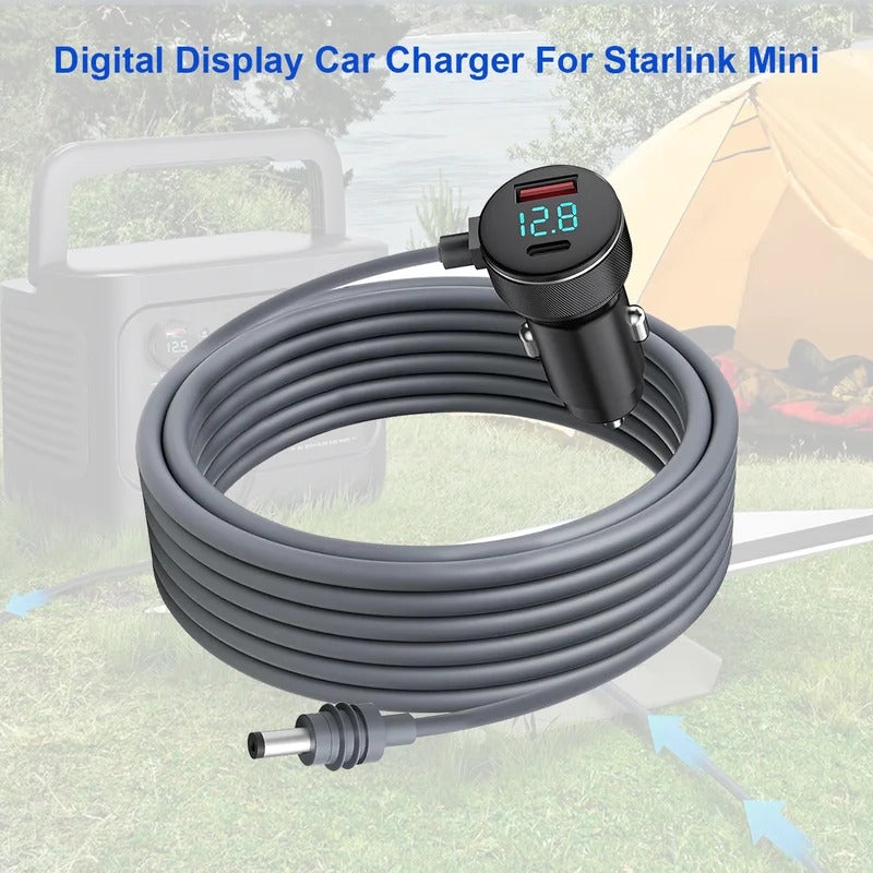 3-in-1 Digital Display Car Charger For Starlink Mini with PDc65W Fast Charge Car Cigarette DC (12V-24V) Car Power Cable 18AWG