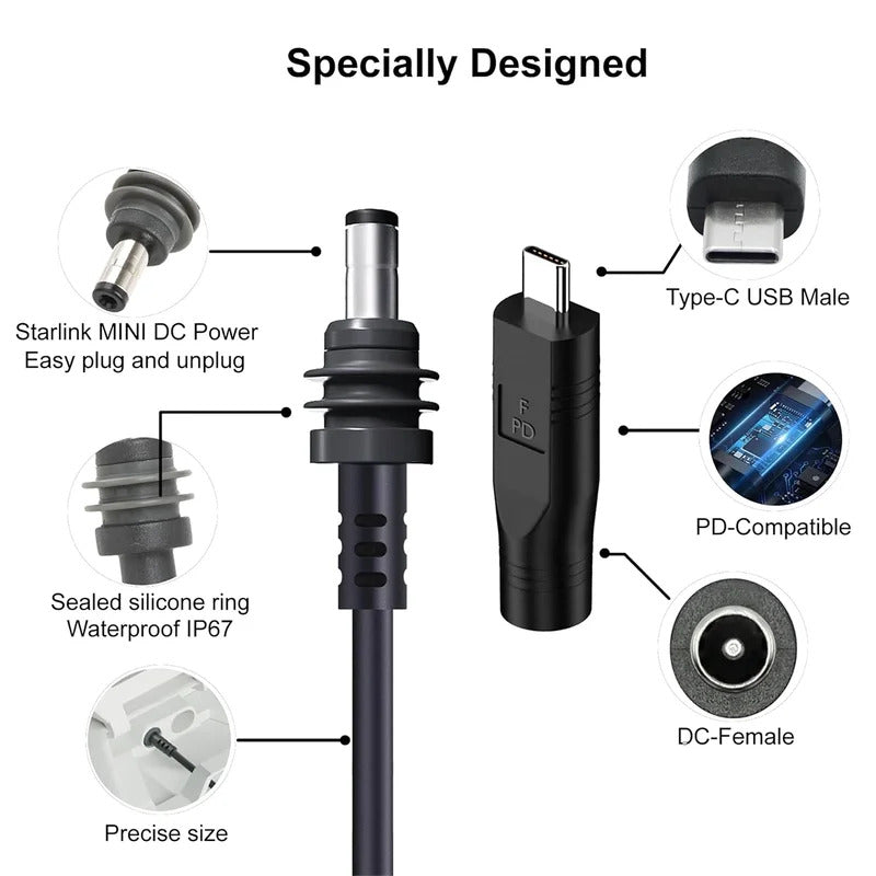 Starlink Mini Ethernet DC Power Cable with USB C to DC Adapter Compatible with 100W PD 20V Protocol Power Supply Charging Cord