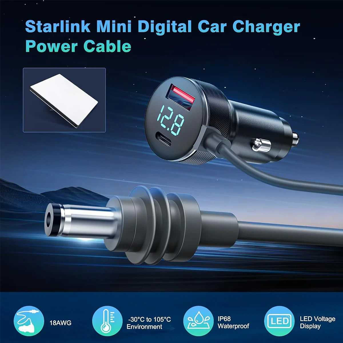 3-in-1 Starlink Mini DC Power Cable 65W Fast Charger Type-C USB Socket Cigarette Lighter With LED Voltmeter Digital Display OEM